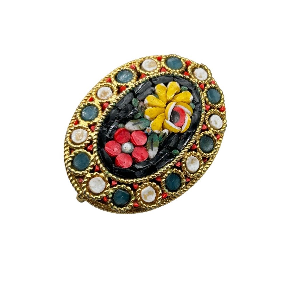 Vintage Italian Mosaic Brooch Red & Yellow Flowers Oval Shaped Gold Tone Metal